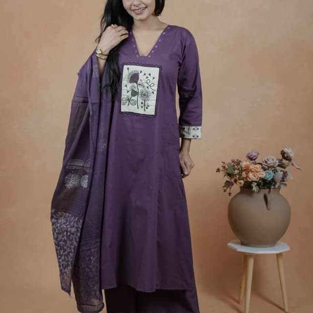 Deep Purple, Off-white, Grey Kurta Set
