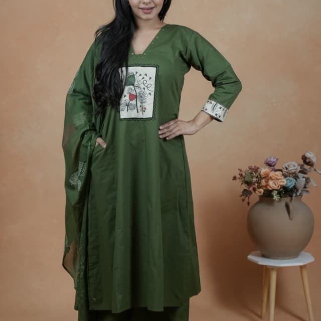 Olive Green with White and Black accents Kurta Set