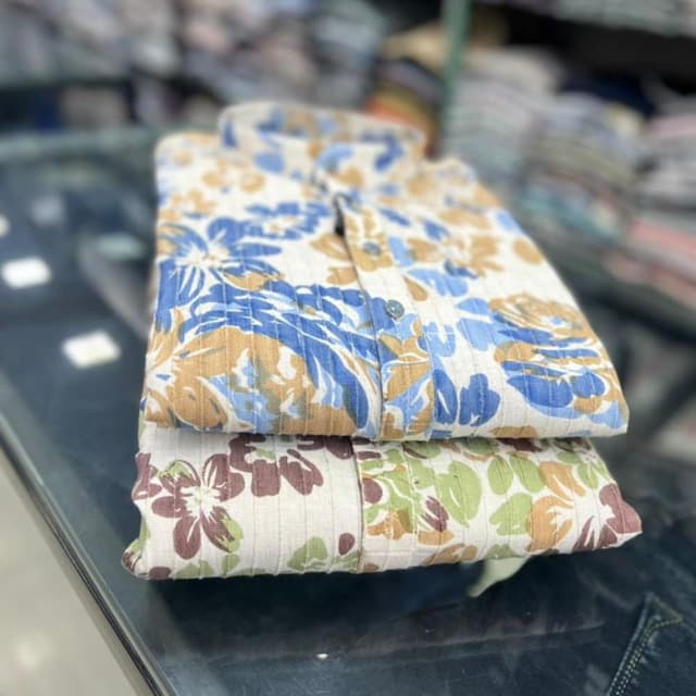 Cream, Blue, Brown, Green, Tan Shirt