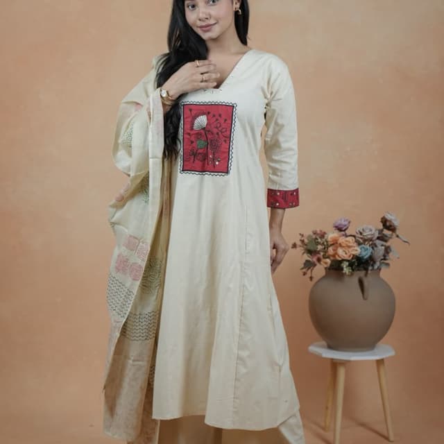 Cream, Red, Green, Beige Kurta Set with Dupatta