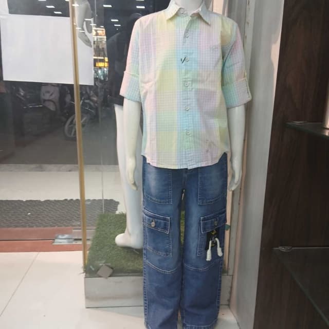 Pastel plaid: light green, yellow, blue, pink, white Shirt and Jeans