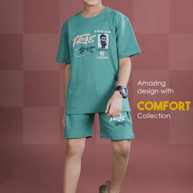 Teal green, cream, black, brown T-shirt and shorts set