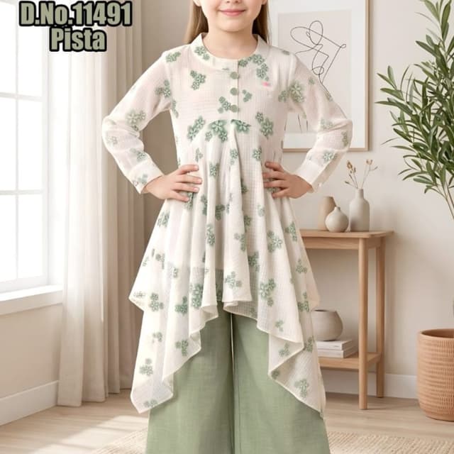 Off-white with green floral print, solid green bottom Kurti with Plazo Pants