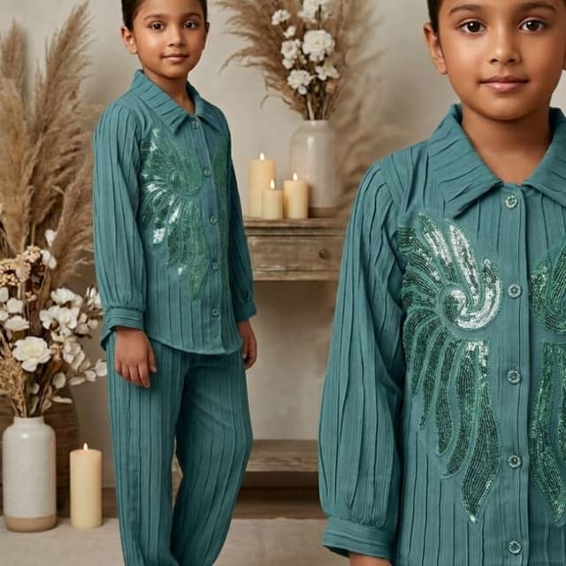 Teal with Green and White Embellishments Co-ord Set (Shirt and Pants)