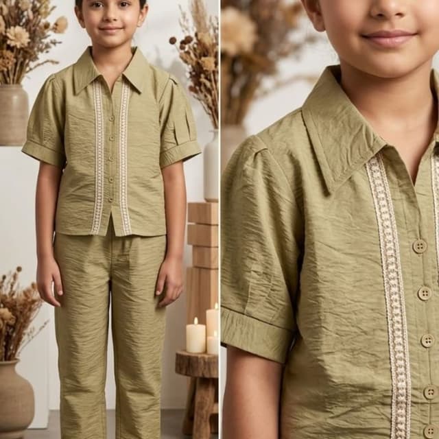 Olive Green with White accents Co-ord Set (Shirt and Pants)