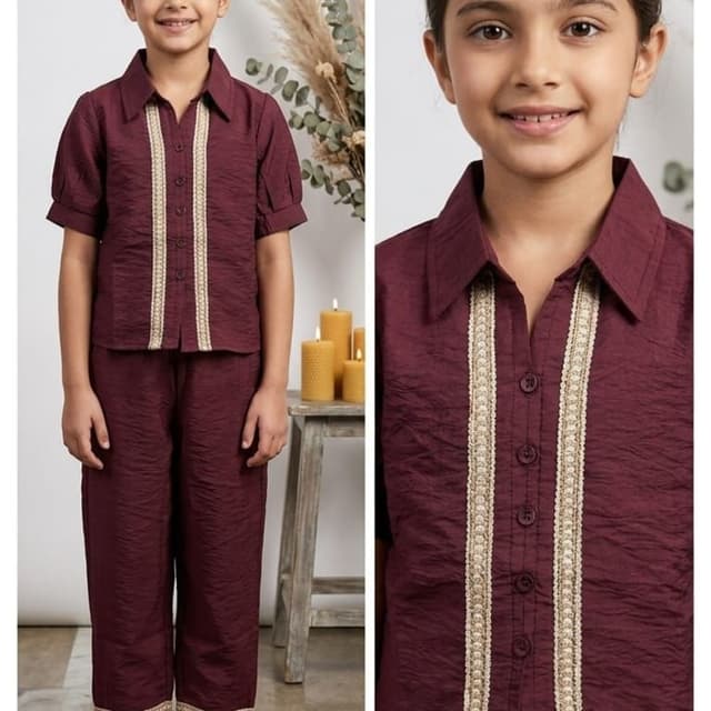 Maroon with gold/beige trim Co-ord set (Shirt and Pants)