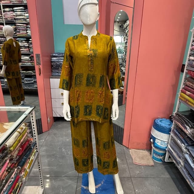 Mustard yellow, dark green, and muted brown Co-ord set
