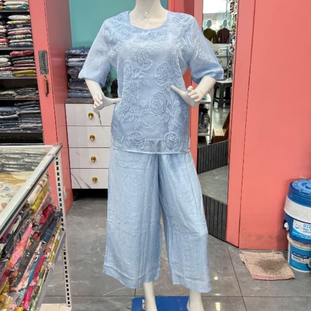 Light blue, baby blue Co-ord set (top and wide-leg trousers)