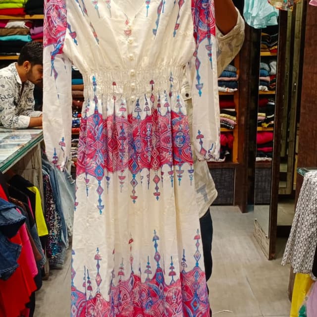 Off-white base with fuchsia pink and blue geometric and tribal accents Dress