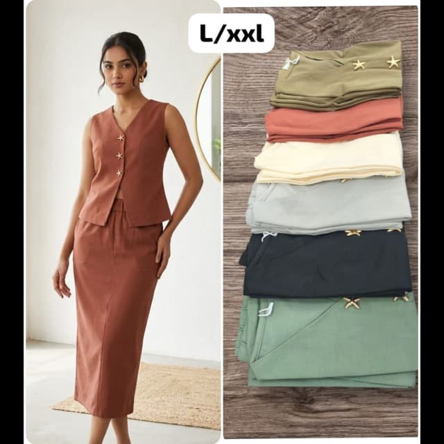 Terracotta, Peach, Cream, Light Grey, Black, Sage Green Vest and Skirt Set