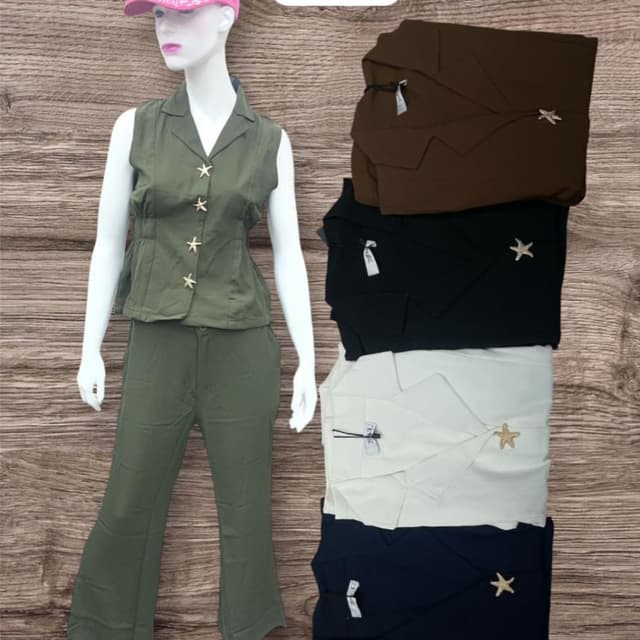 Olive green, brown, black, off-white, navy blue Co-ord set (sleeveless vest and pants)