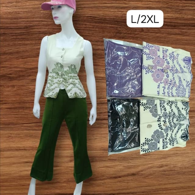 Cream and Green Peplum Top and Bell Bottom Pants