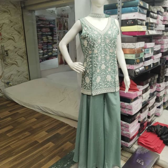 Sage Green with White Embroidery Sharara Set (Kurti and Pants)