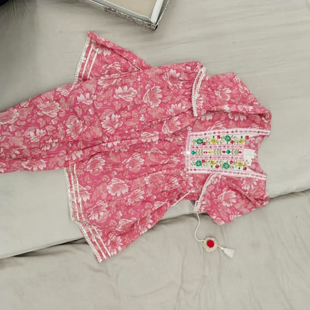 Pink and White floral print with colorful embroidery Kurta Set (likely part of a shalwar kameez or similar ensemble)