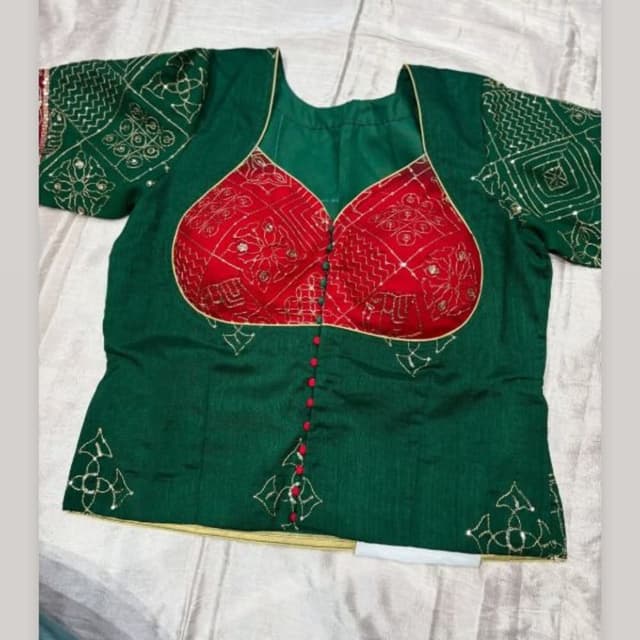 Bottle green and crimson red with gold accents Blouse