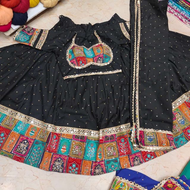 Black with multicolor patchwork and gold dots Lehenga Choli Set