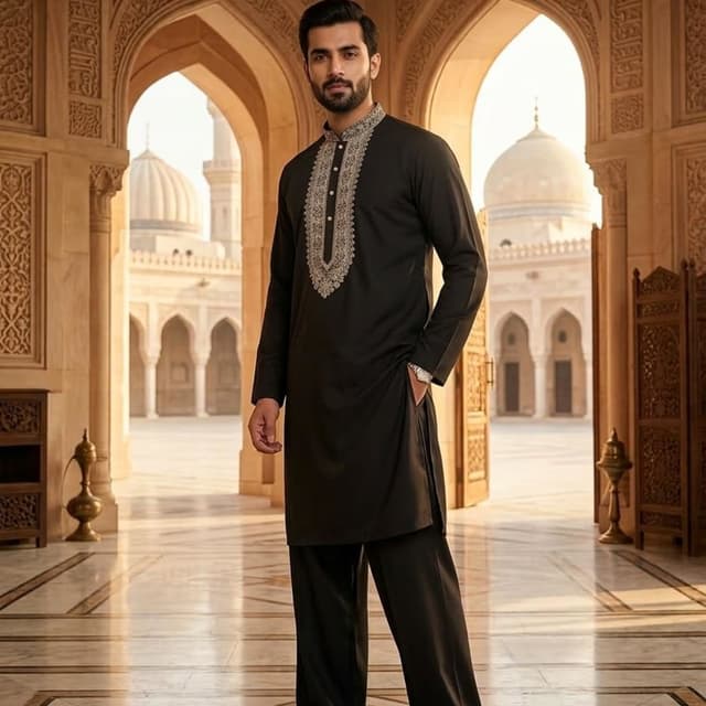 Black with silver and gold embroidery Kurta and Pajama Set