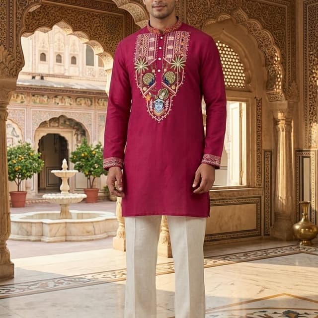 Deep Pink, Cream, Multicolor Embroidery Kurta