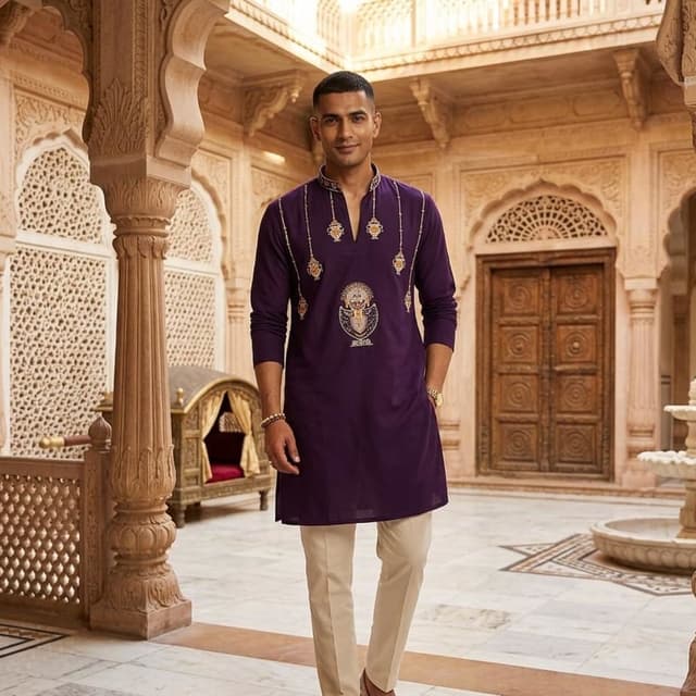 Deep Purple, Beige, Gold Kurta