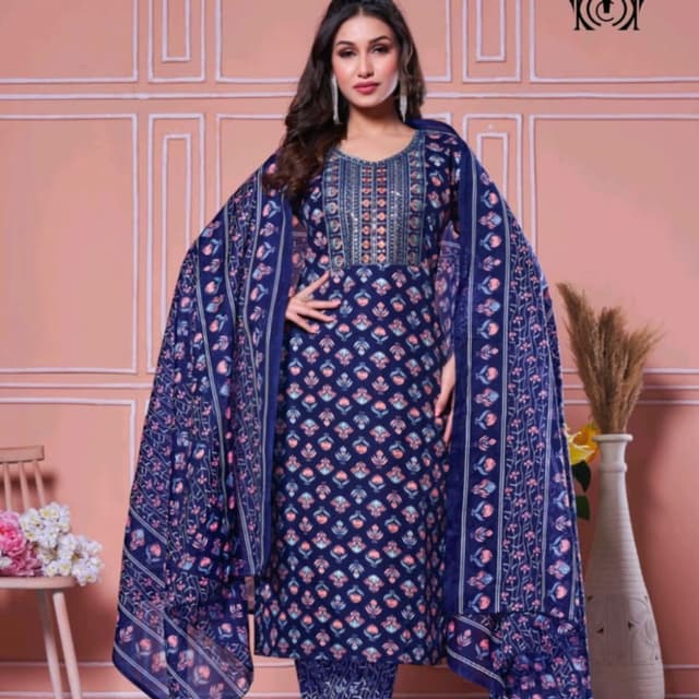 Navy Blue with Pink and Blue floral print Salwar Kameez