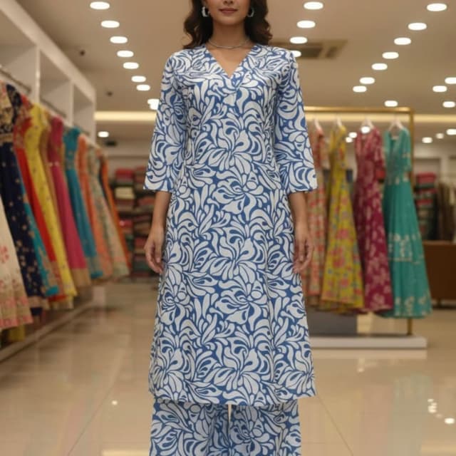 Blue and White Kurta and Palazzo Set