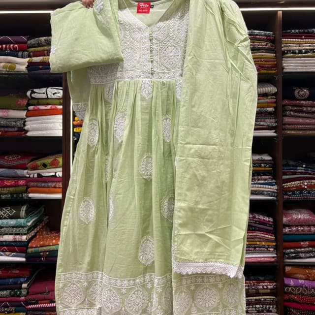 Light Green with White Embroidery Kurta Set