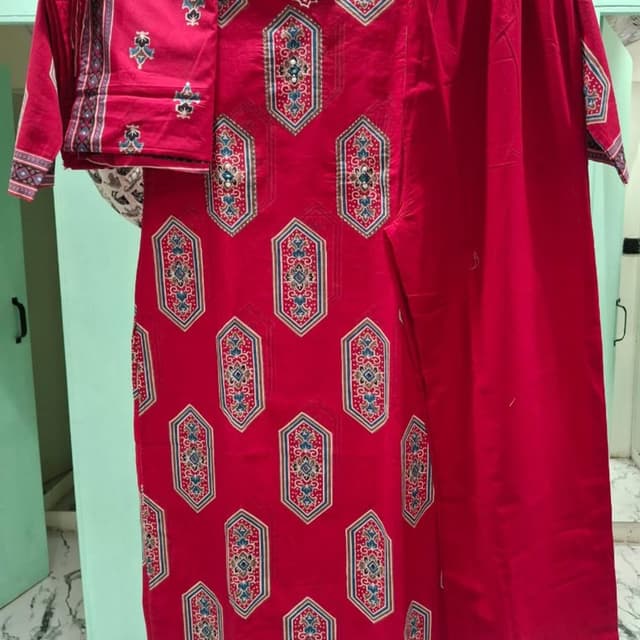 Red with blue, white, and golden geometric print Kurta and Palazzo set
