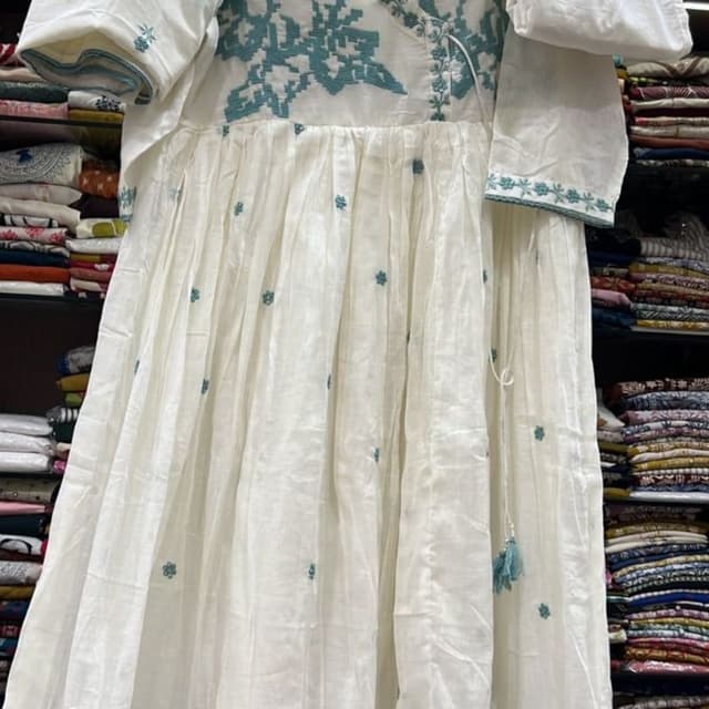 White with Teal blue embroidery Anarkali Dress