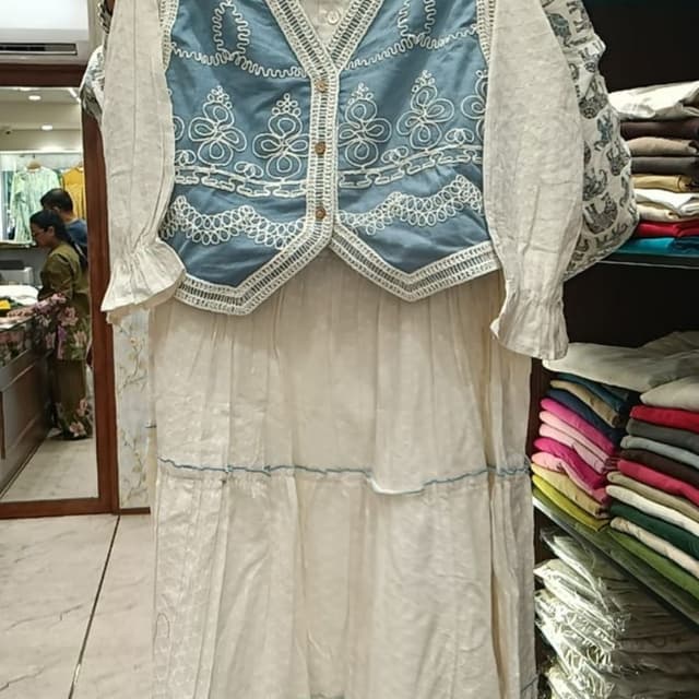 White, Blue, Beige Dress with layered jacket