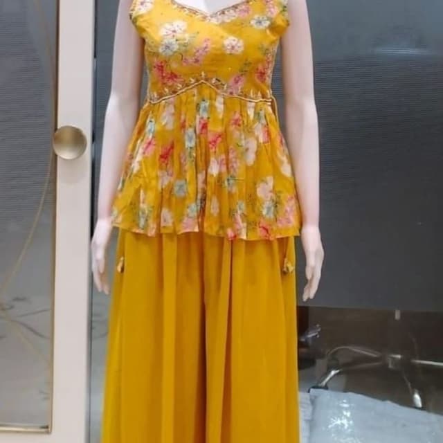 Yellow with floral print in pink, blue, and green Peplum Top and Palazzo Pants Set