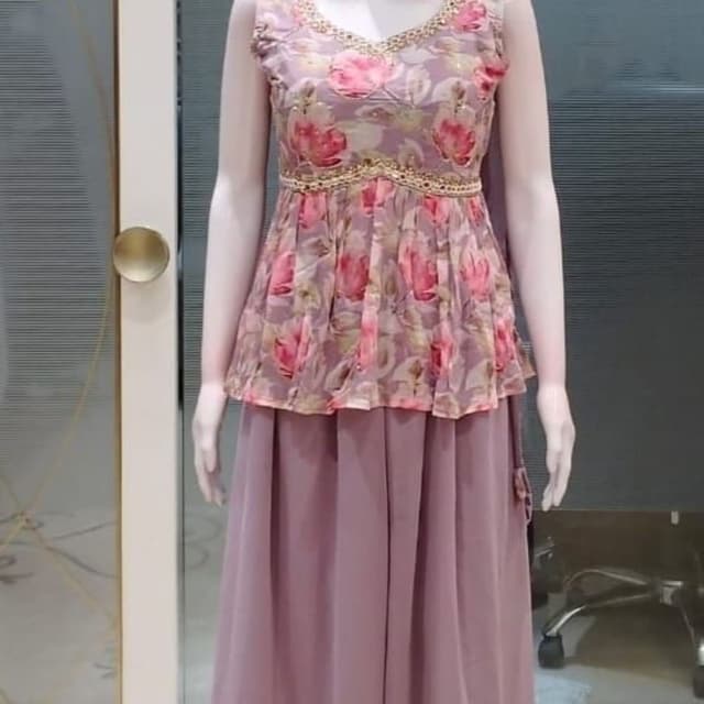 Lavender and Pink floral print with gold embellishments Peplum top with Palazzo pants
