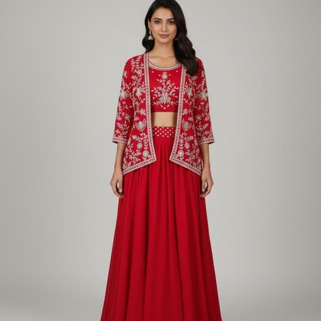 Red with silver embellishments Lehenga Choli with Jacket