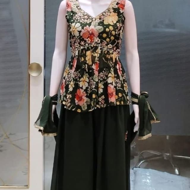 Dark Green with floral print (pink, orange, yellow, white) Peplum Top with Palazzo Pants and Dupatta