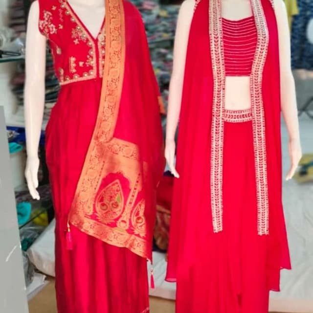 Red, Gold Lehenga Choli Set, Palazzo Set with Jacket