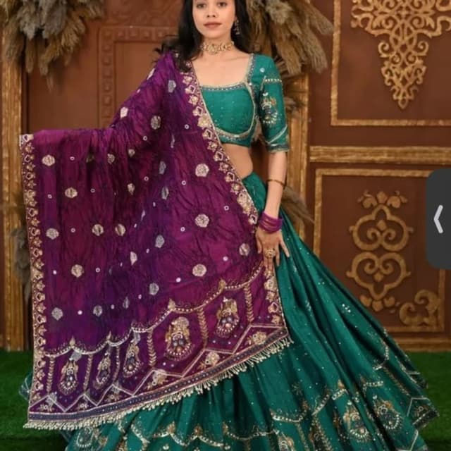 Teal green, Purple, Gold Lehenga Choli