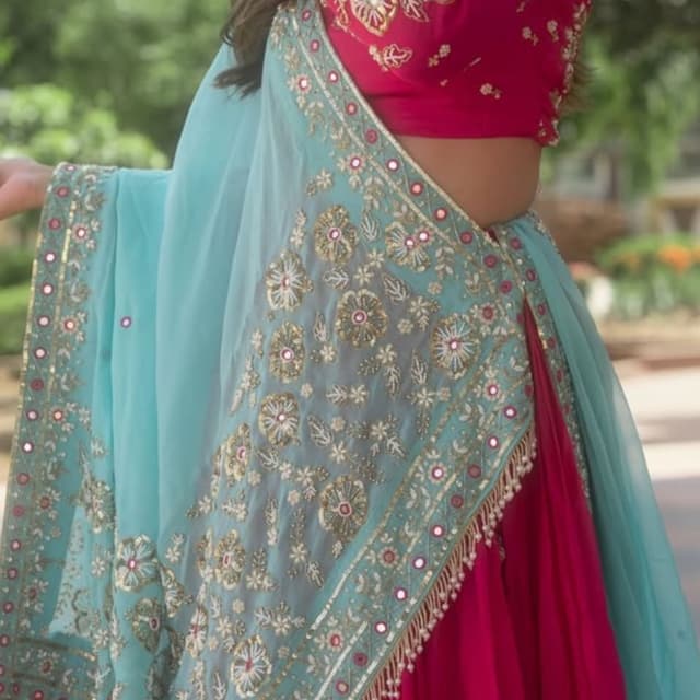 Fuchsia and Teal Blue with Gold and Silver accents Lehenga Choli