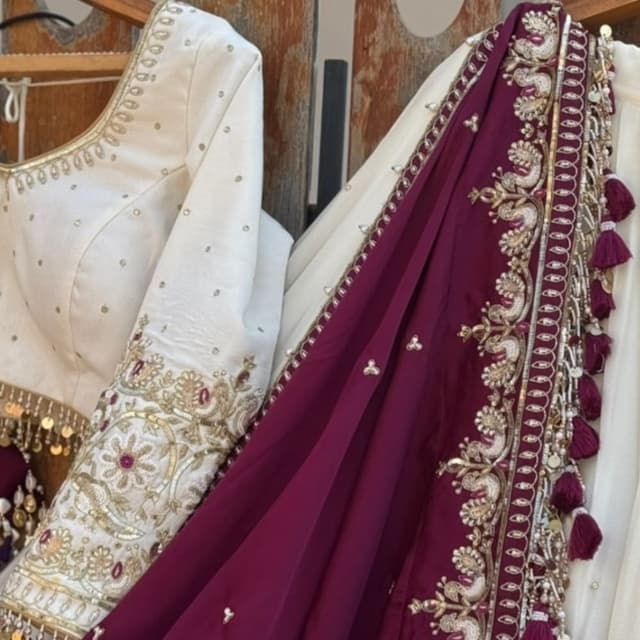 Off-white and Deep Plum/Burgundy Lehenga Choli