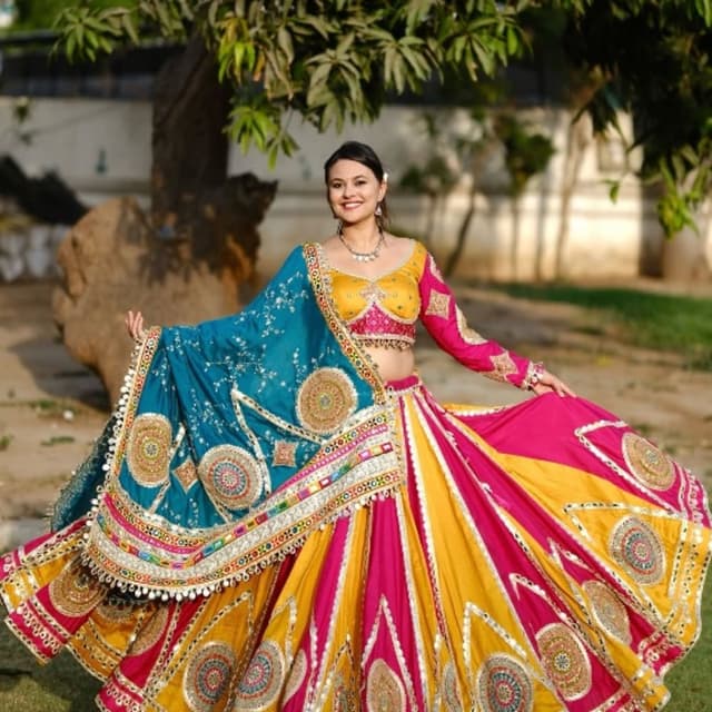 Yellow, Pink, Teal Blue, Gold Lehenga Choli