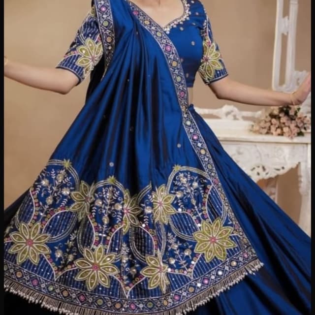 Royal Blue with Gold, Green, Pink and White embroidery Lehenga Choli