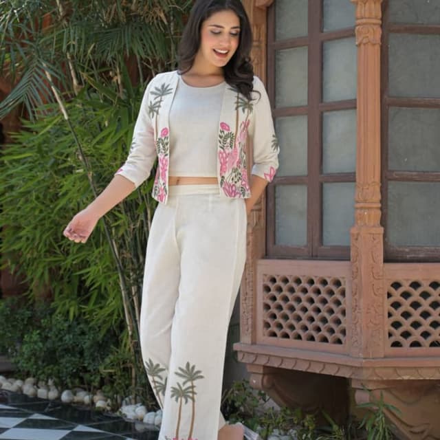 Off-white, Pink, Green, Brown Co-ord Set (Crop top, Jacket, Pants)