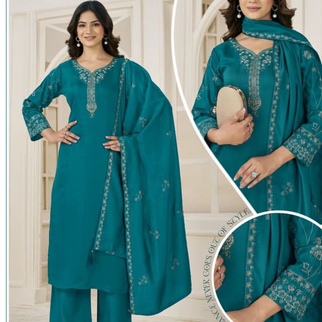 Teal with gold embroidery Kurta Set (Kurta, Palazzo Pants, Dupatta)