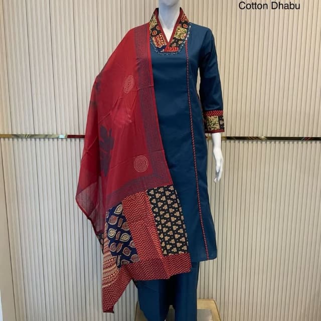 Teal blue, Red, Black, Cream Kurta Set