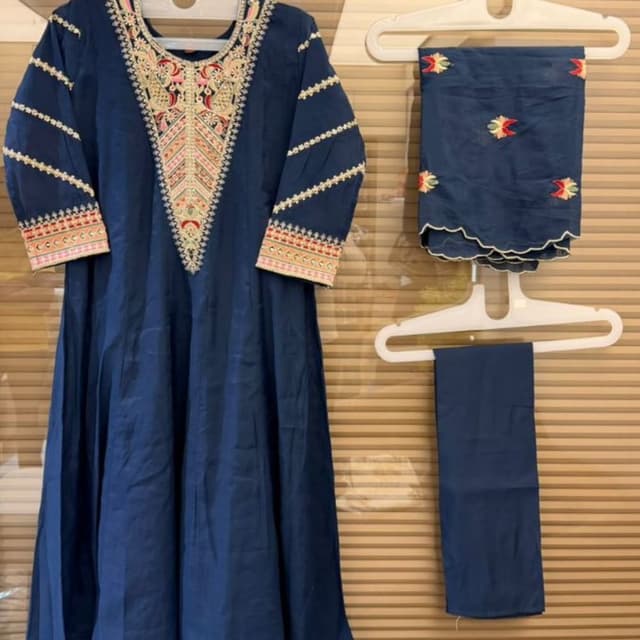 Deep Navy Blue base with multi-colored embroidery (red, yellow, cream, green) Anarkali Suit Set