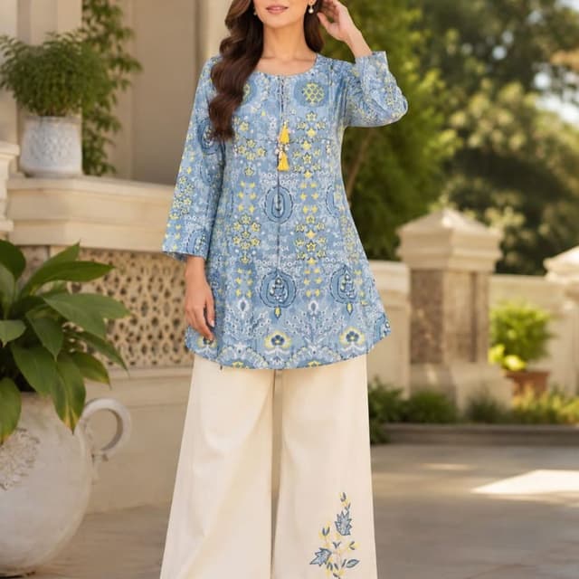 Blue, Yellow, Off-white Kurti and Palazzo Pants