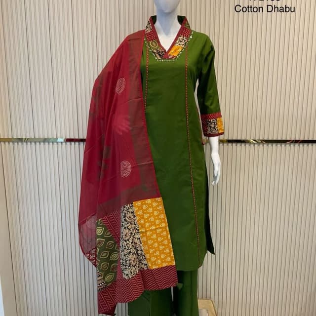 Olive Green, Red, Yellow, Black, White Salwar Kameez