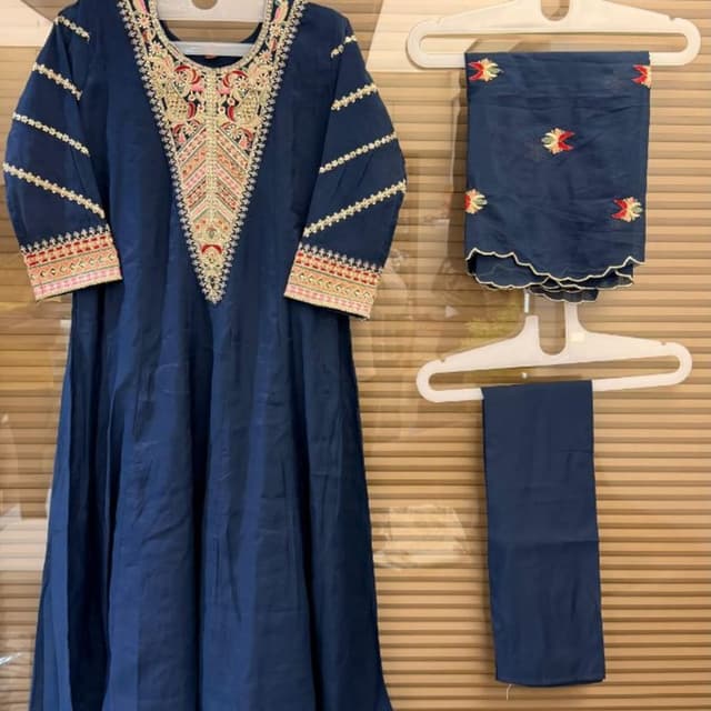 Deep navy blue with accents of gold, red, and green Salwar Kameez Set