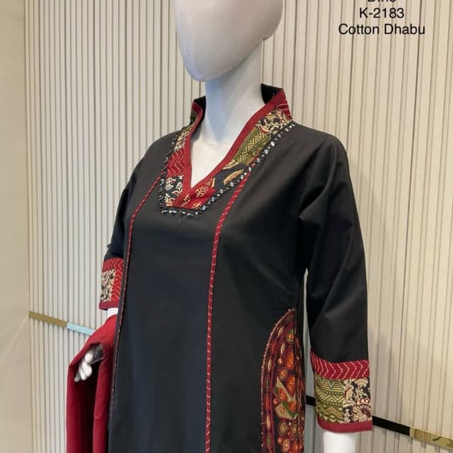Black base with maroon, olive green, and mustard yellow accents Kurti