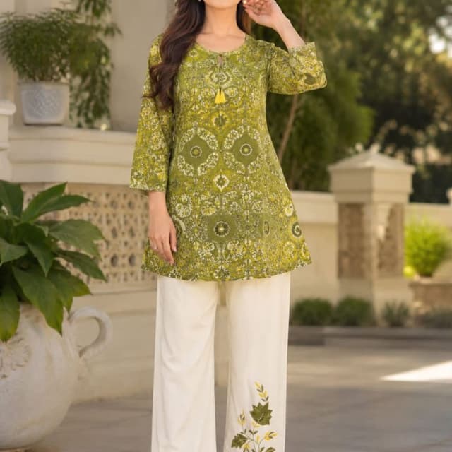 Olive green, lime green, white, yellow accents Kurti and Pants set