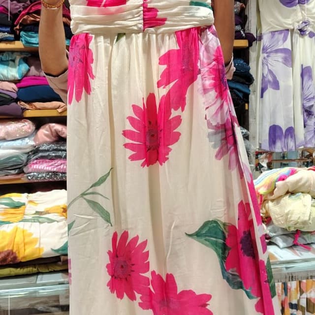 Cream with hot pink and green floral print Maxi Dress