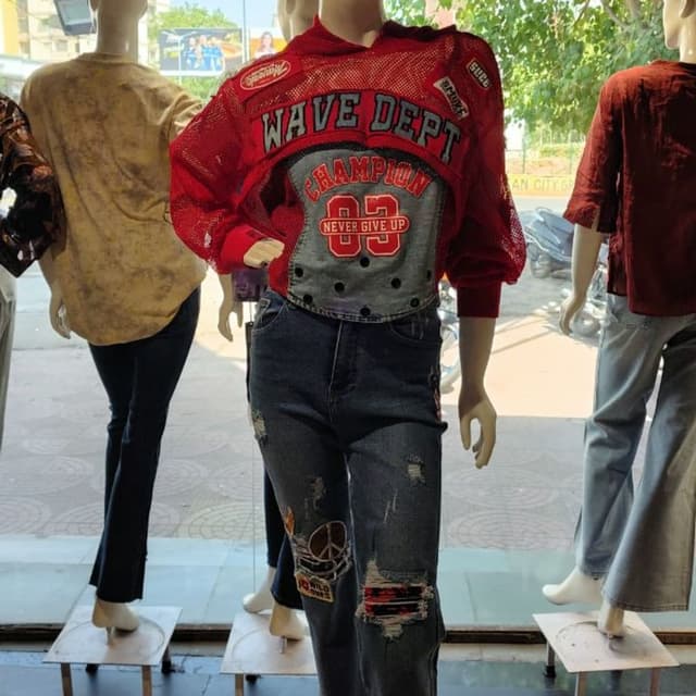 Red, Blue, Grey, Black, White Crop top and Jeans